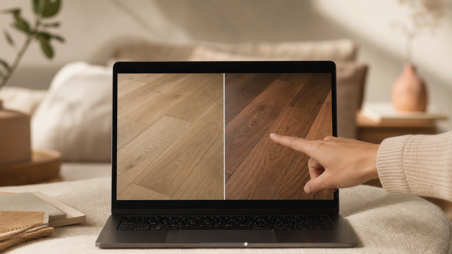 Homeowner reviewing different flooring materials displayed on a laptop screen during the selection process.