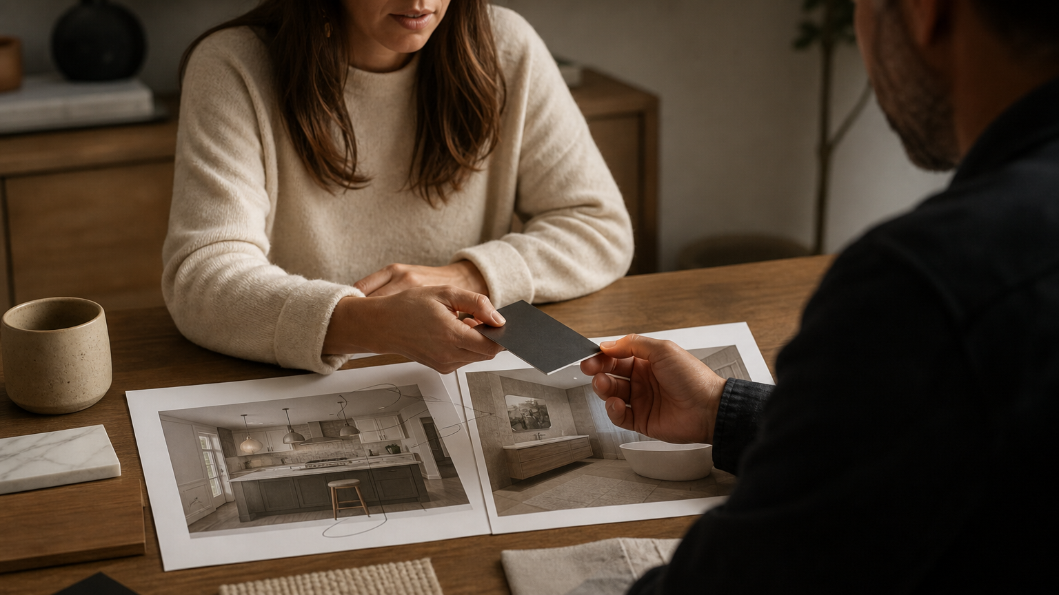 A homeowner reviewing printed renovation visualizations and design notes at a desk before meeting with a contractor, showing how visualization prevents miscommunication.