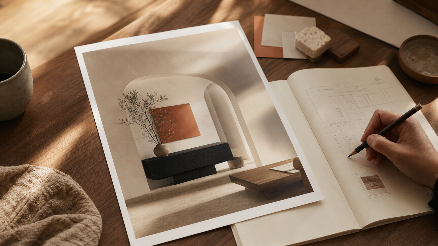 A finished AI exterior design rendering displayed alongside handwritten notes and a contractor's reference materials on a work surface.