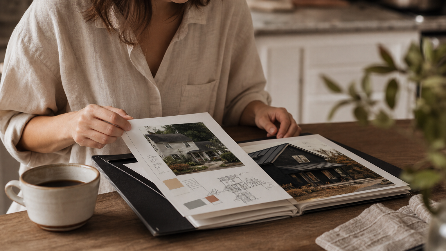 Early-stage exterior design inspiration gathered on a kitchen table with printed photos, sketches, and notes for a home renovation project.