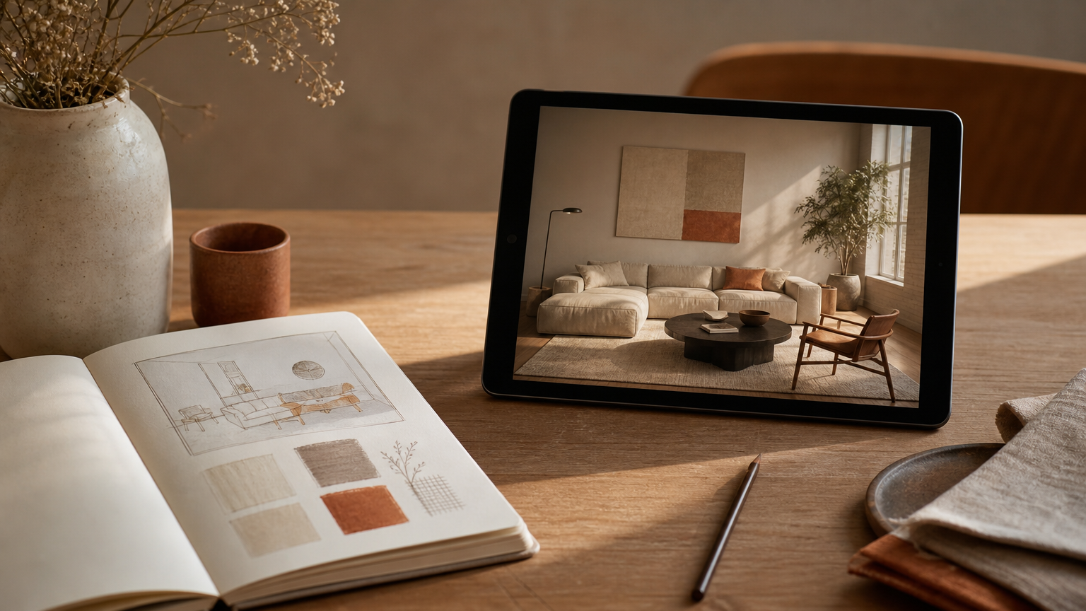 Evaluation criteria for free AI interior design tools: shadow accuracy, texture realism, and correct furniture proportions displayed on a design workspace.
