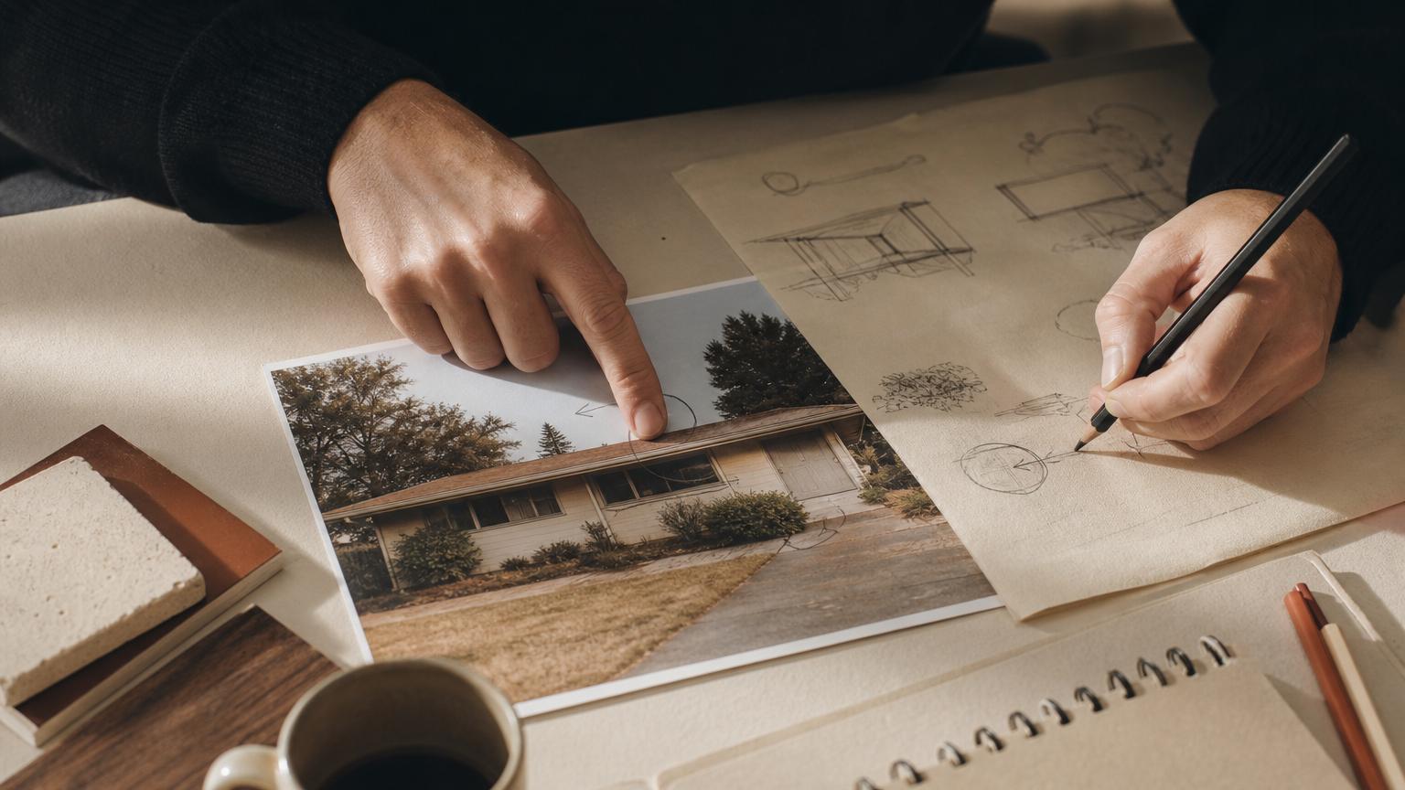 A designer's notebook showing methodology for testing and ranking AI exterior design tools using a reference photo and evaluation criteria.