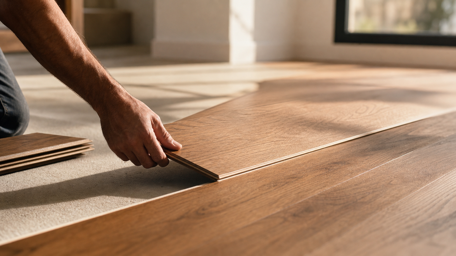 Homeowner confidently installing or placing a new flooring material after previewing it with an AI visualizer.