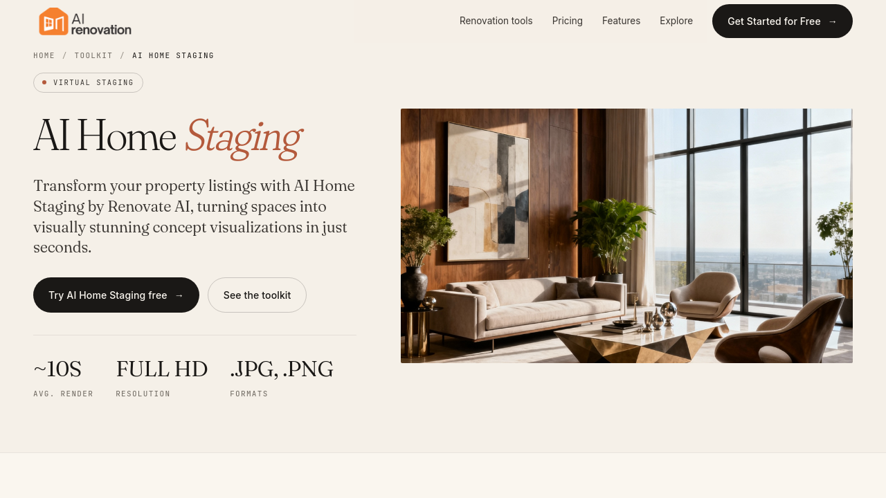 Screenshot of an AI home staging tool interface showing an uploaded room photo and staging options, demonstrating the user interface for applying virtual furniture and decor to listing images.