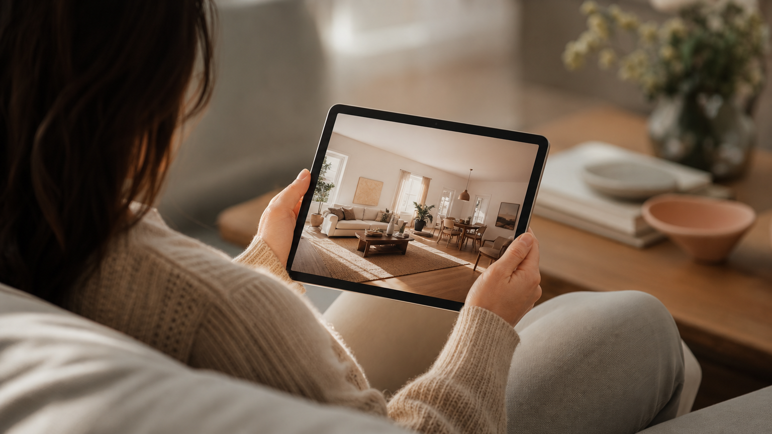 A potential homebuyer reviewing staged property photos on a tablet, illustrating how AI home staging helps buyers visualize themselves living in vacant spaces and increases listing appeal.
