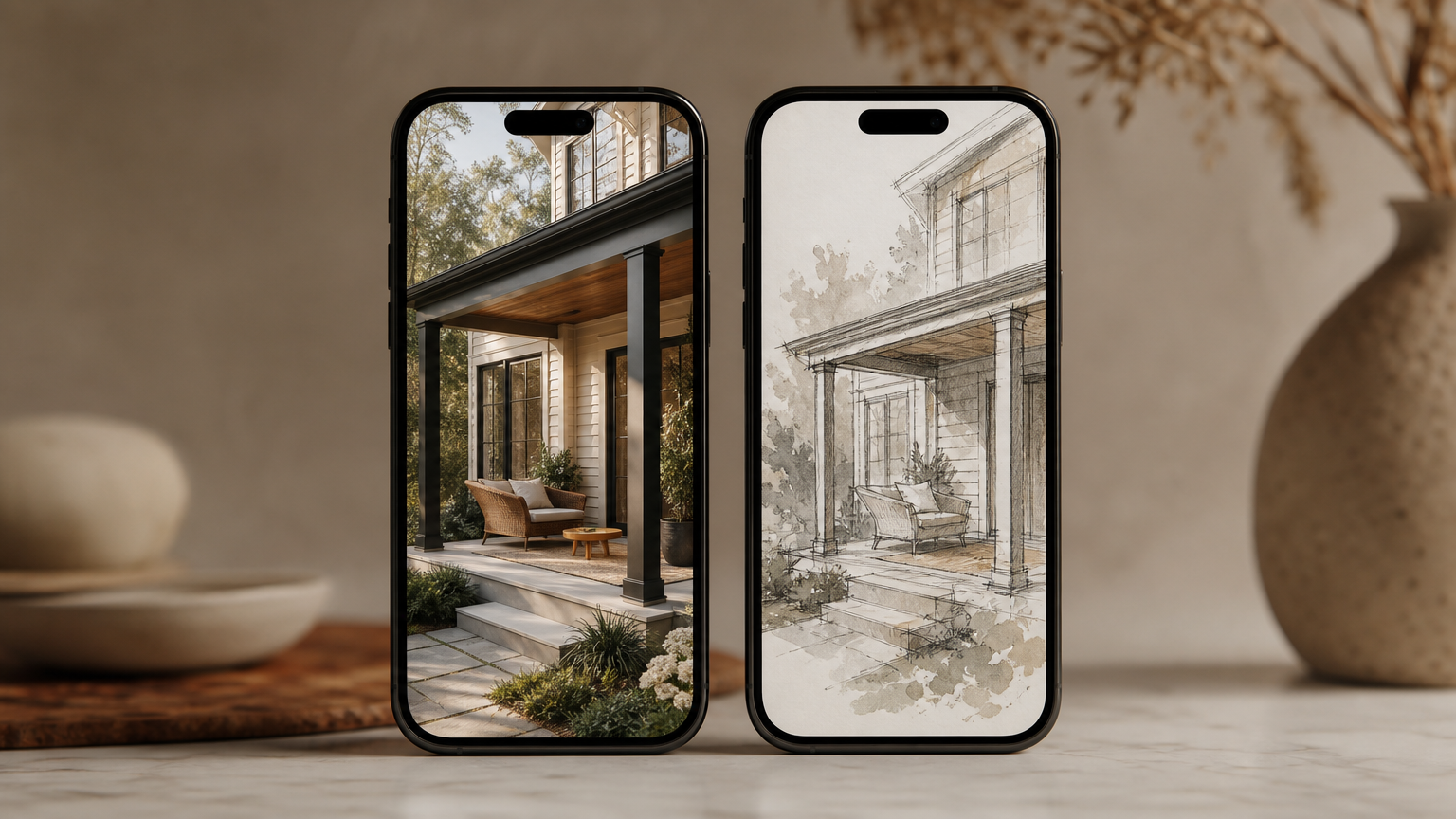 Side-by-side comparison of photorealistic and concept-level renders on smartphone screens, showing render quality differences for home exterior design.