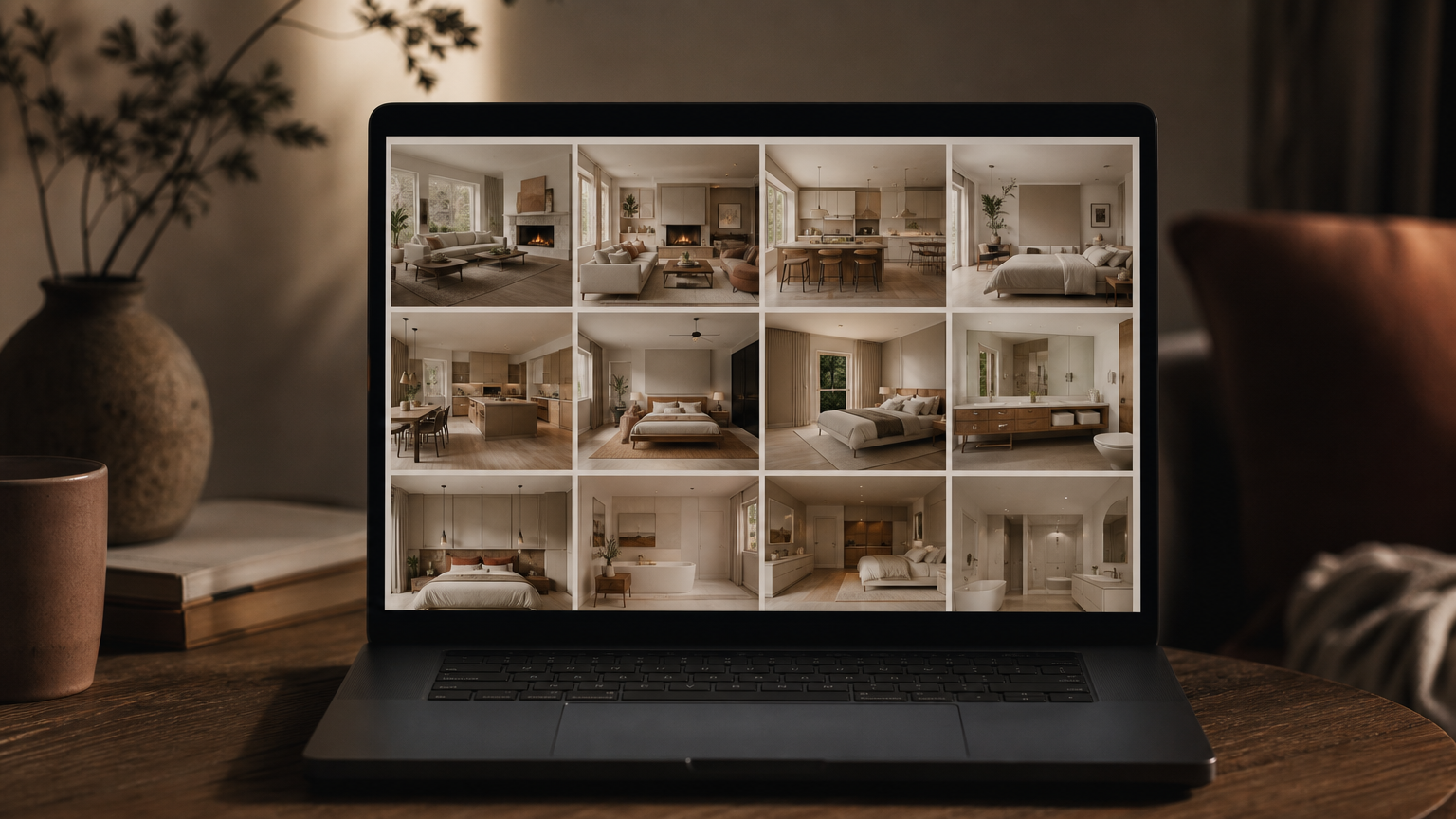 A computer screen displaying a gallery of multiple AI-generated room variations, showing the rendering outputs available on a free tier.