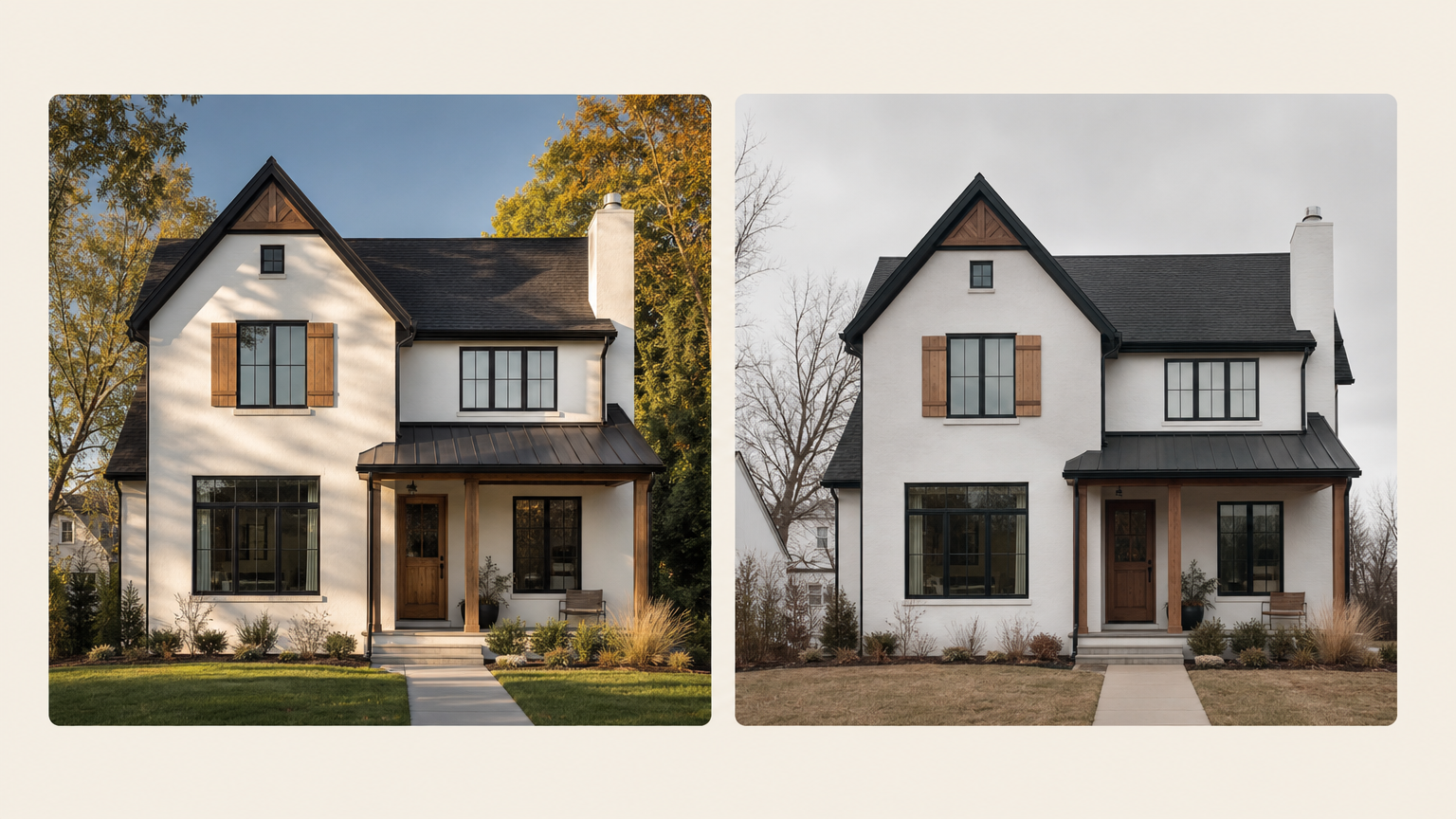 Two photographs of a house exterior showing the difference between bright daylight and overcast conditions for optimal AI recognition.