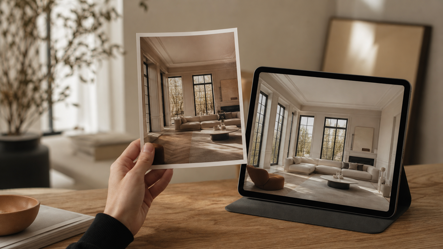 Comparing an original room photo with an AI render to evaluate structural fidelity and photorealism in AI room makeover tools