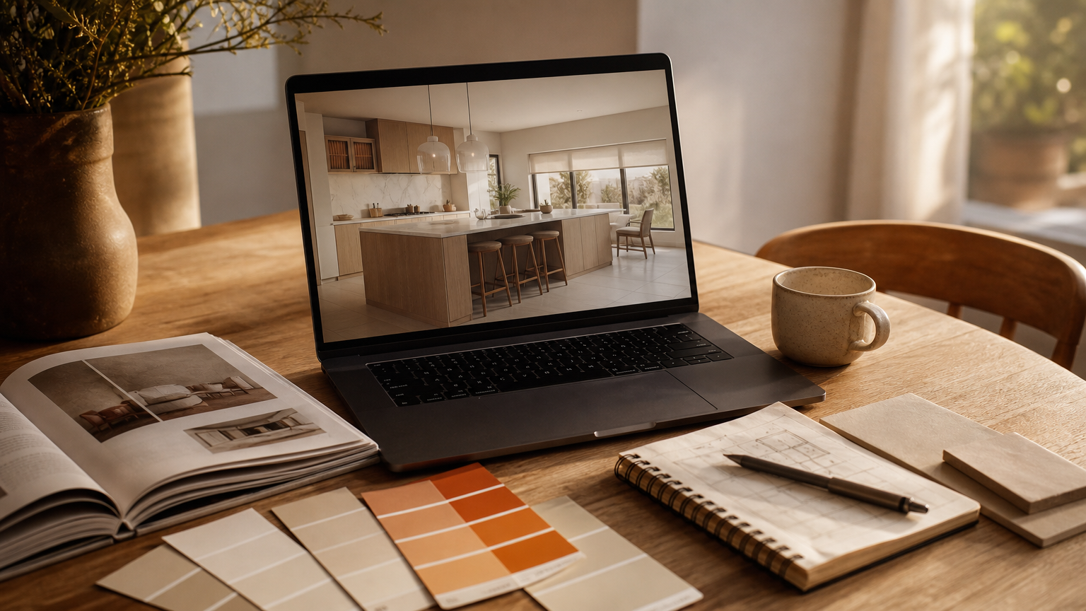 Homeowner at kitchen table reviewing an AI room makeover render on laptop alongside paint samples and planning notes for a renovation project