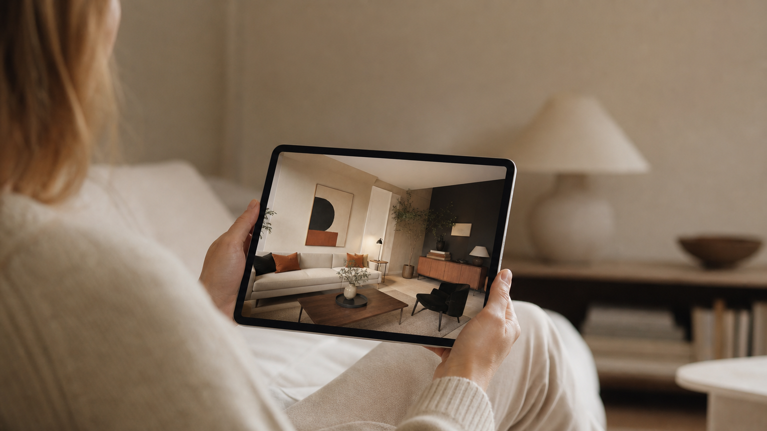 Homeowner viewing an AI-generated room design on tablet in their actual living space, comparing the render to their real walls for design inspiration