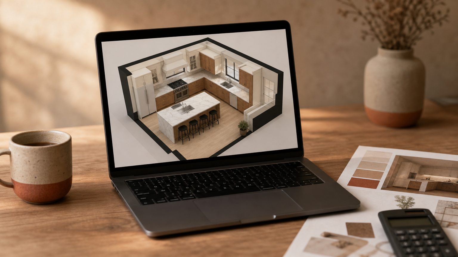 A computer displaying a 3D kitchen floor plan alongside planning notes and budget calculator for kitchen remodel decisions.