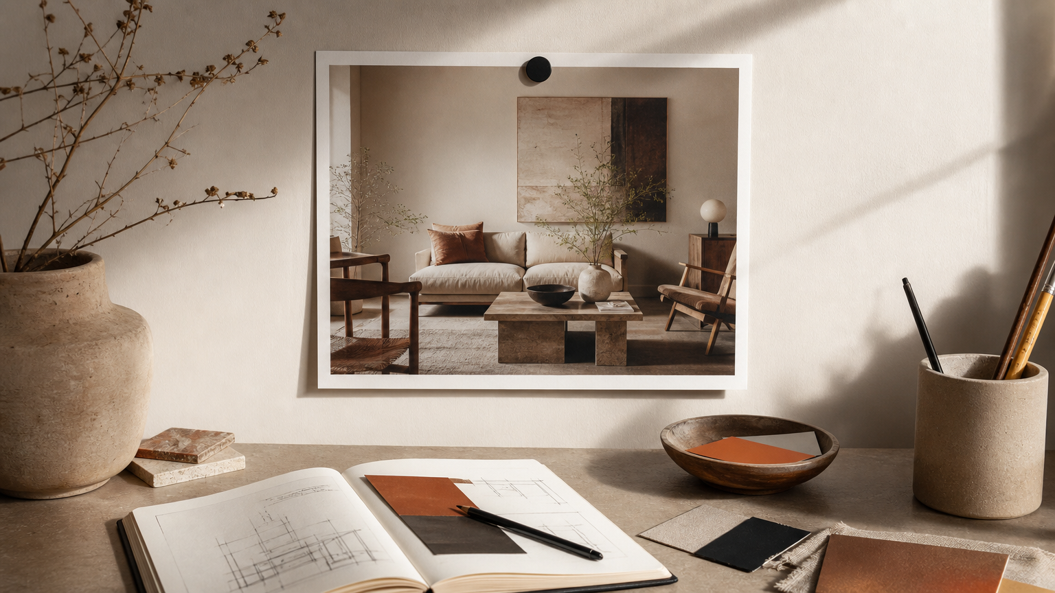 Designer's workspace with reference photos, color swatches, and sketches laid out for evaluating interior design tool output quality.