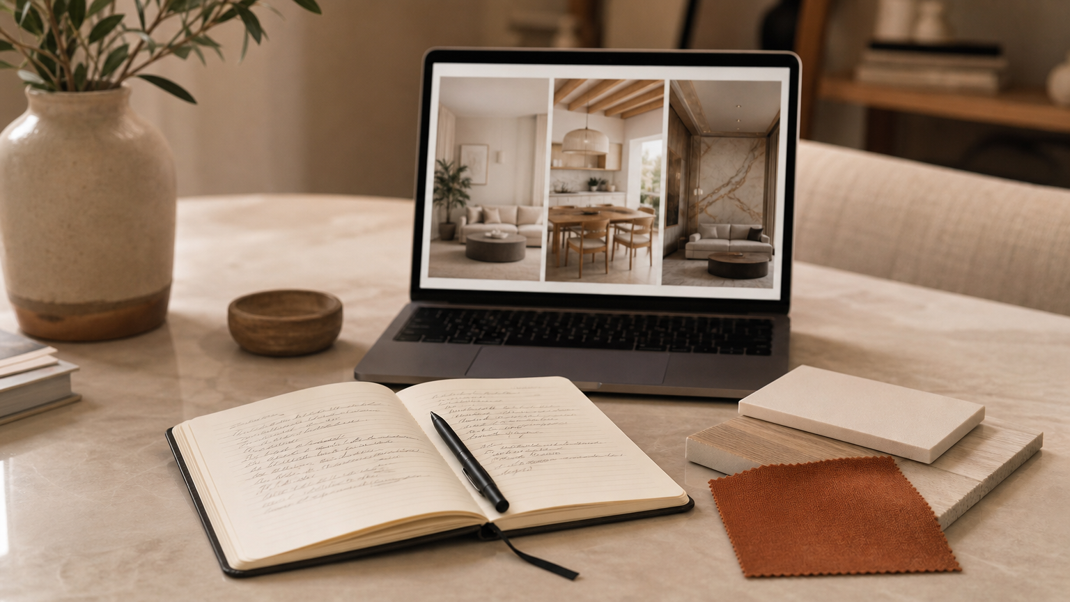 An agent's workspace showing notes on virtual staging criteria with multiple design style options visible on a laptop screen.