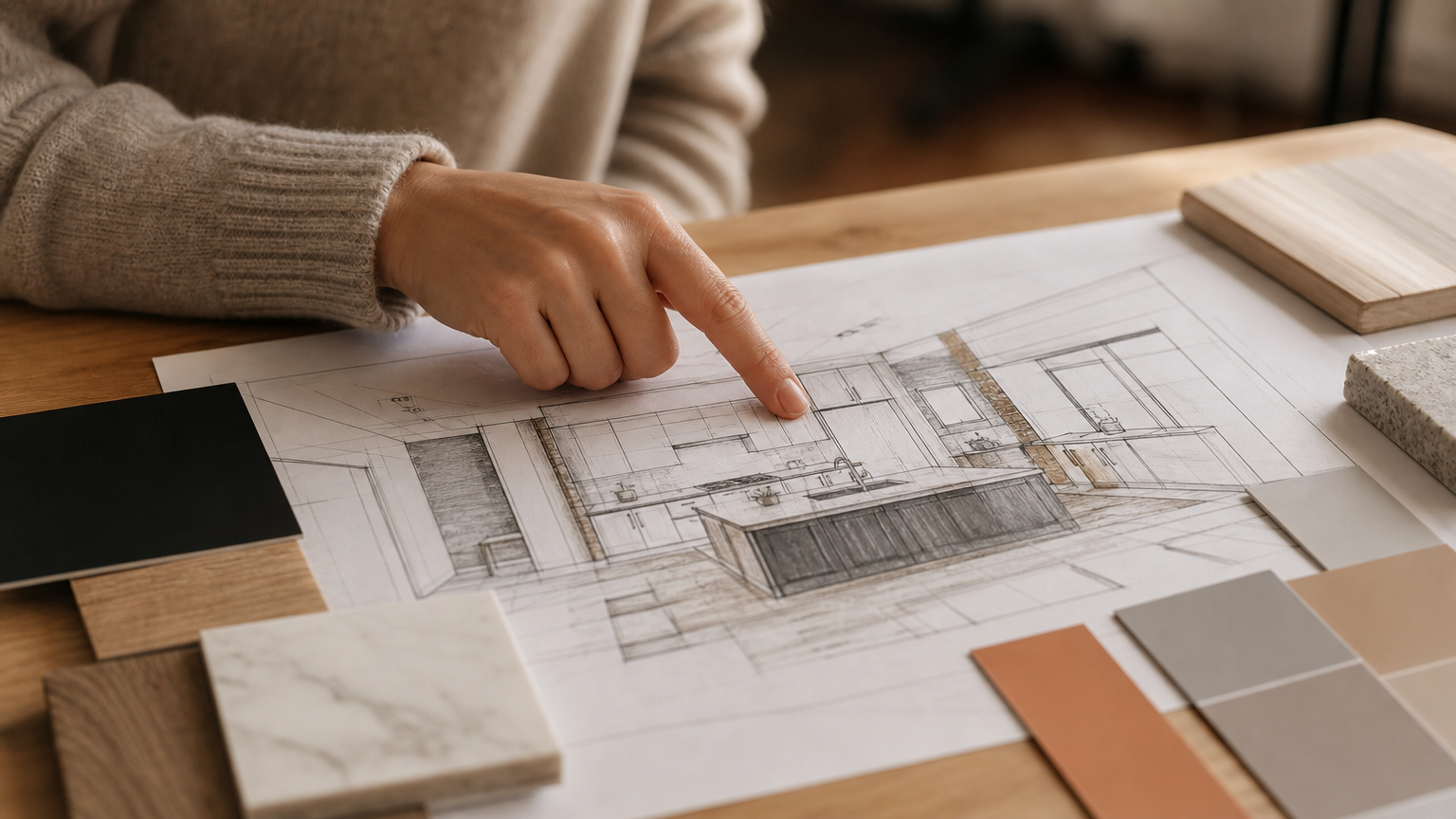 A homeowner marking design decisions on a kitchen floor plan sketch to match their specific renovation scope.
