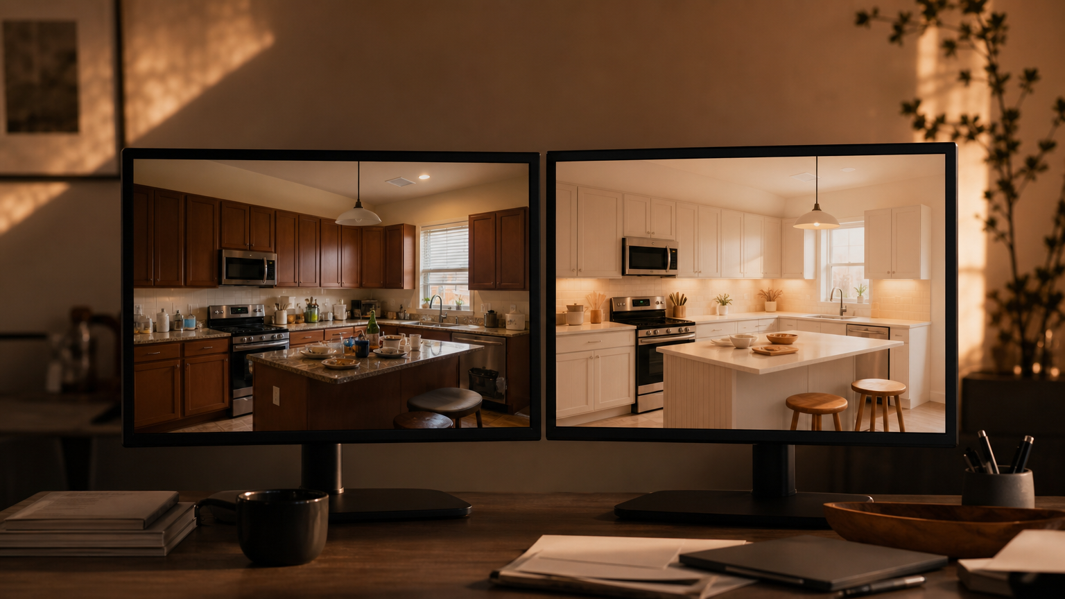 Photo-based kitchen visualization showing the difference between an actual kitchen photo and AI-generated remodel preview.