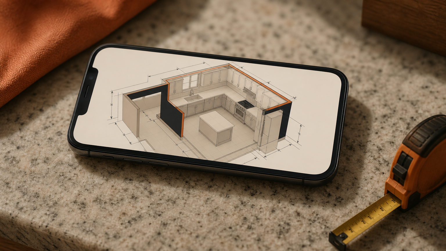Kitchen visualizer app showing a detailed 3D floor plan with dimension labels and wall positions on a homeowner's mobile device.