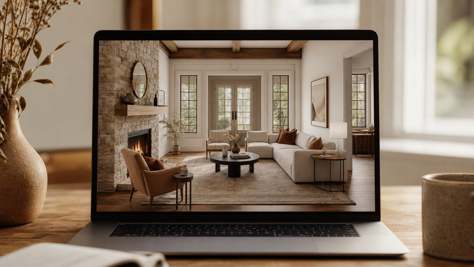 Detailed view of a high-quality AI-staged room on screen, showing realistic proportions, lighting, and architectural integrity.