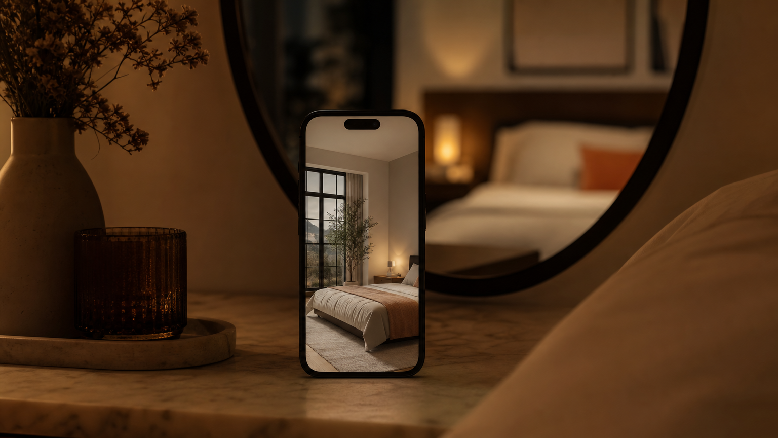 Free AI room makeover app on smartphone generating a photorealistic bedroom design without requiring a credit card
