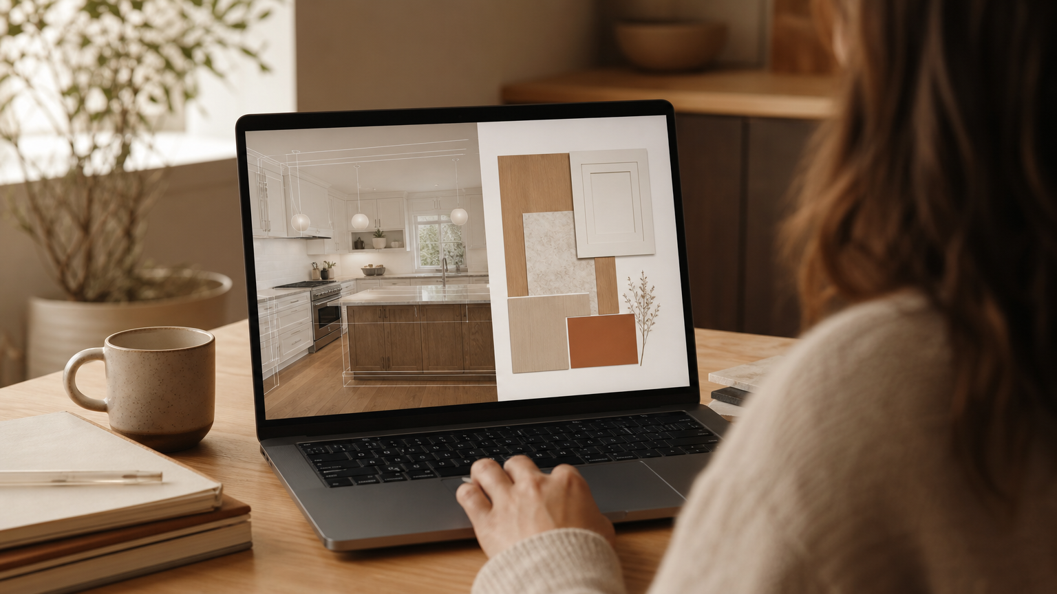 Homeowner comparing kitchen visualizer app types: one window shows AR cabinet overlay, the other shows design mood board options.