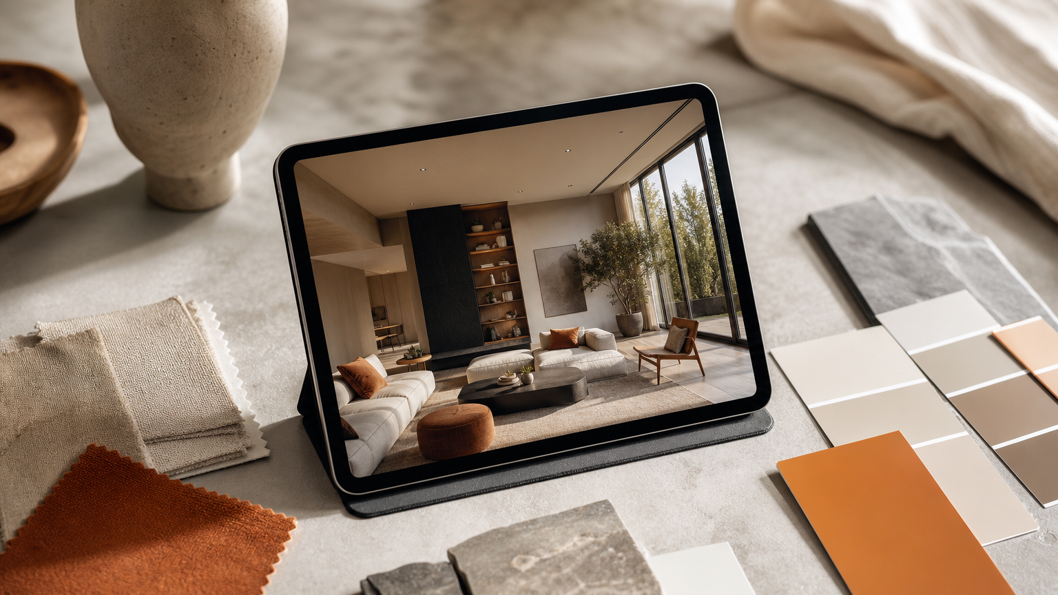 Professional interior design presentation with photorealistic AI render on tablet, alongside physical material samples for client approval.