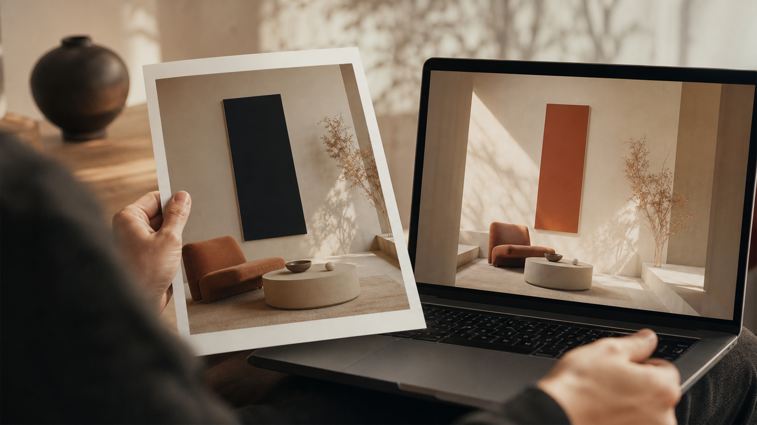 A person comparing AI-generated room design variations on a printout and laptop screen for design refinement.