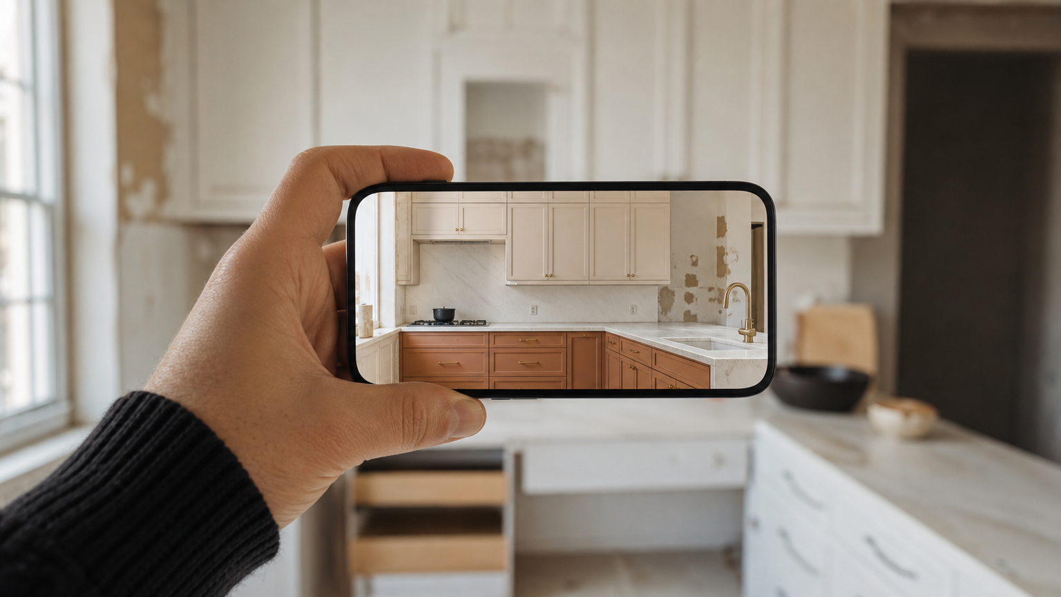 Augmented reality kitchen visualizer app showing realistic cabinet and countertop rendering overlaid on an actual kitchen space.