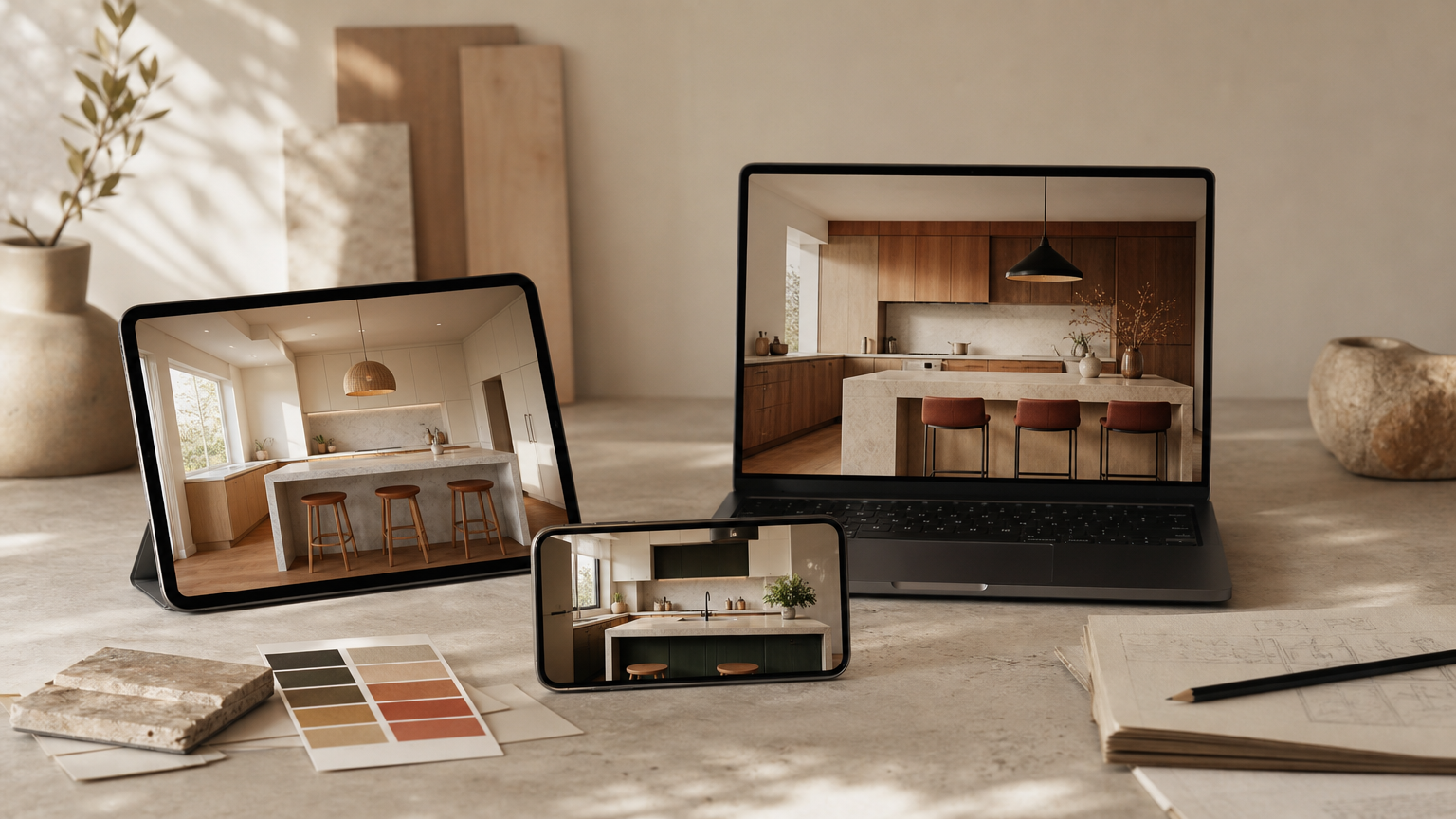 Multiple kitchen visualizer apps displayed across iPad, iPhone, and laptop, showing different 3D rendering quality and catalog depth.
