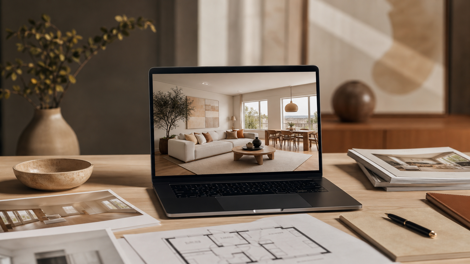 Real estate professional's workspace showing AI-generated virtual staging images prepared for property listing presentation.