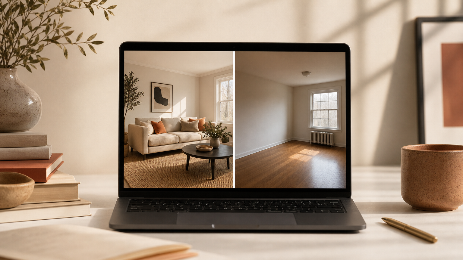 Before and after virtual staging comparison displayed on a laptop, showing how AI adds furniture and decor to transform an empty space.