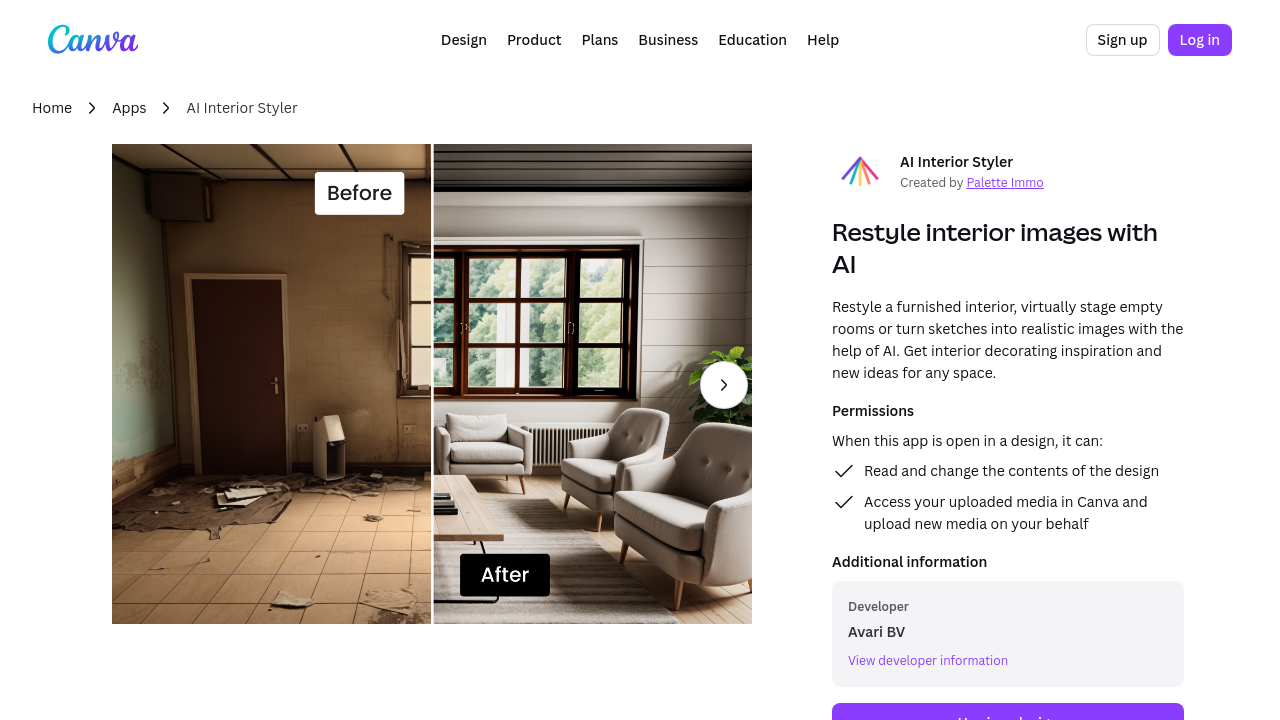 Canva AI Interior Styler homepage screenshot