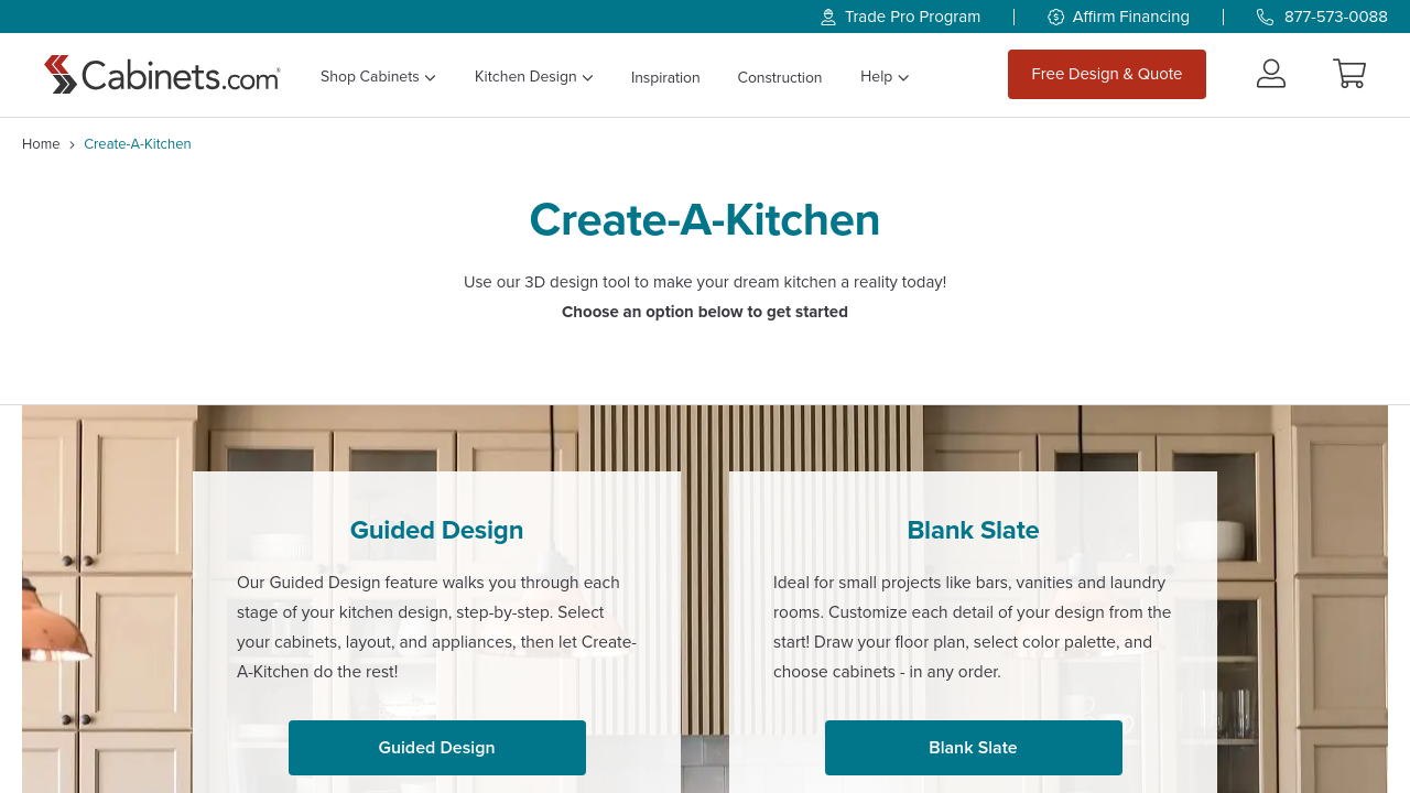 Cabinets.com Create-A-Kitchen homepage screenshot
