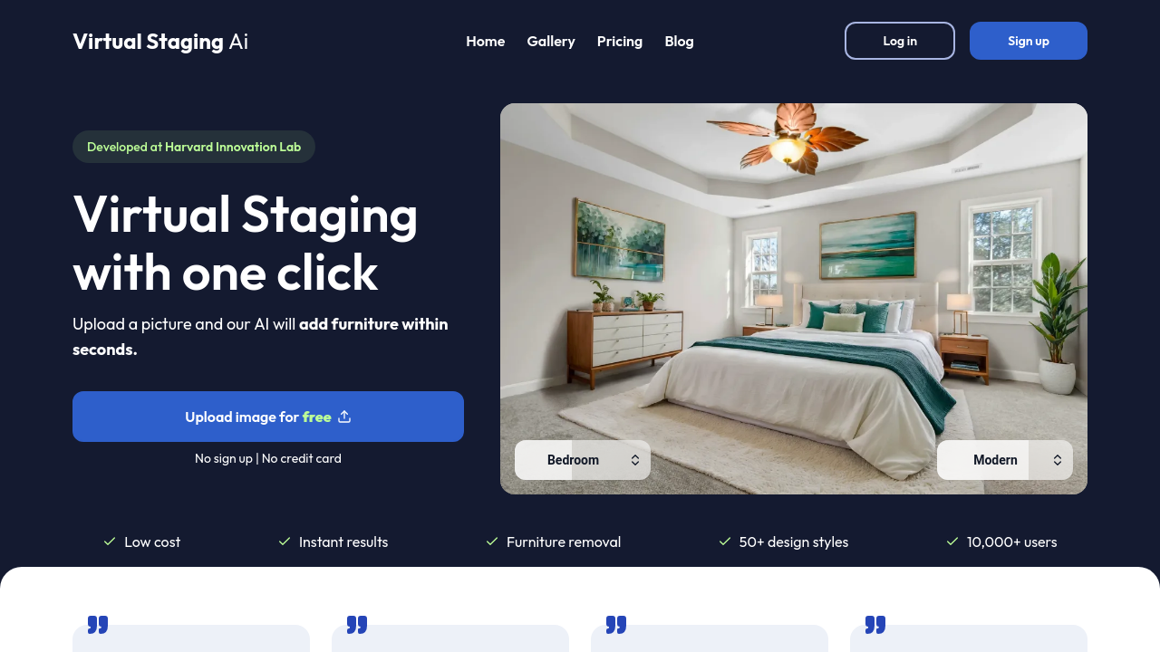Virtual Staging AI app interface displaying a photorealistic staged living room with furniture and decor added to an originally empty space.