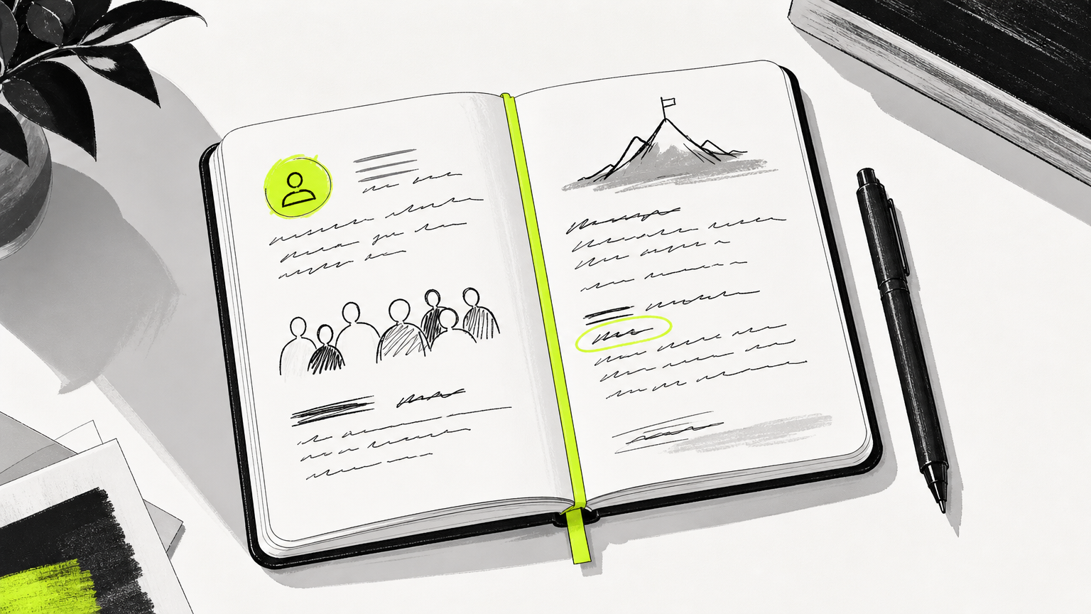 An open notebook with handwritten brand strategy notes including positioning, target audience, and brand voice, showing the foundational planning work for tea branding.