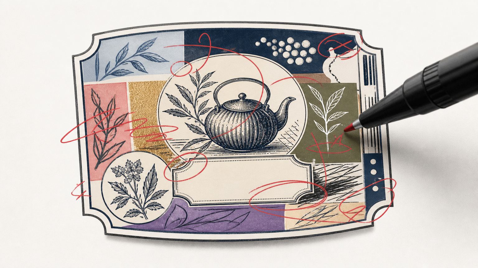 A close-up of a tea label with overcrowded text and inconsistent design elements, illustrating common branding mistakes in tea packaging that should be avoided.