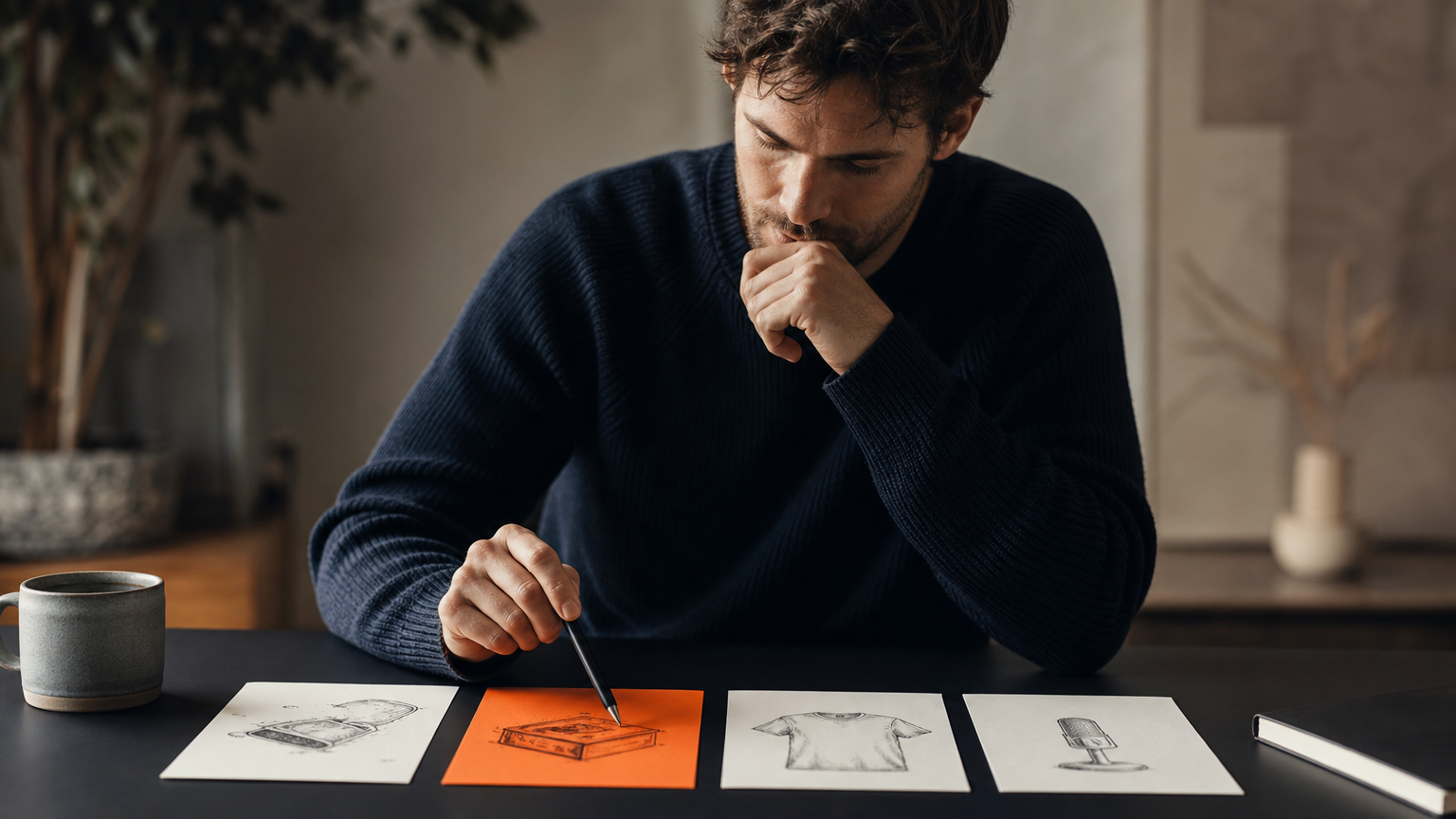 A person choosing between different passive income models by reviewing printed cards representing affiliate marketing, digital products, print-on-demand, and content monetization.