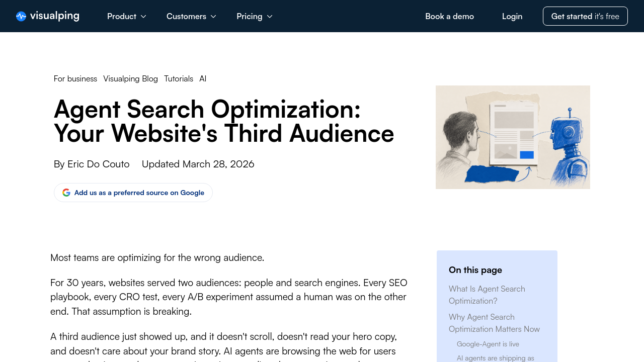Visualping's Agent Search Optimization blog post explaining the concept and Google-Agent user agent.