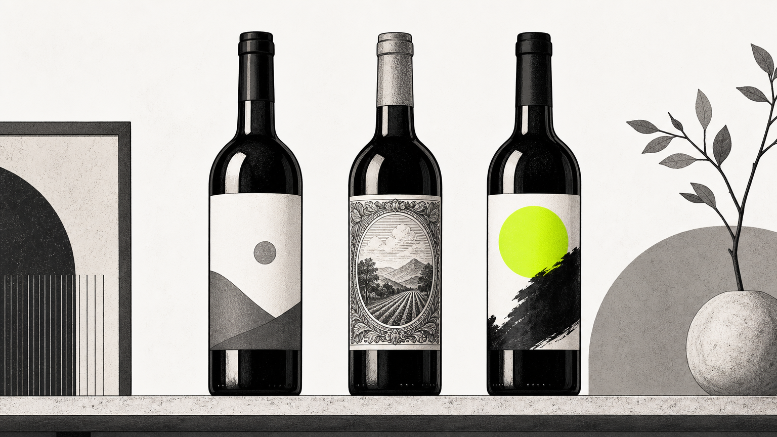 Three wine bottles with contrasting label designs displayed side by side, illustrating different visual styles and brand positioning strategies.