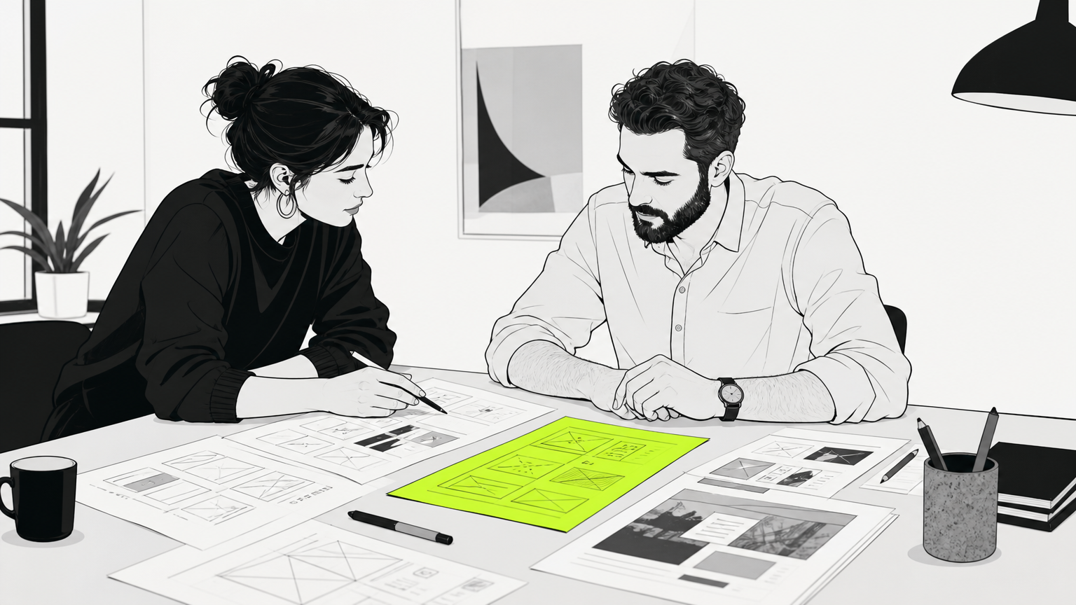 Designer and restaurant owner collaborating on website design mockups during the project timeline, illustrating the typical six to fourteen week design and approval process.