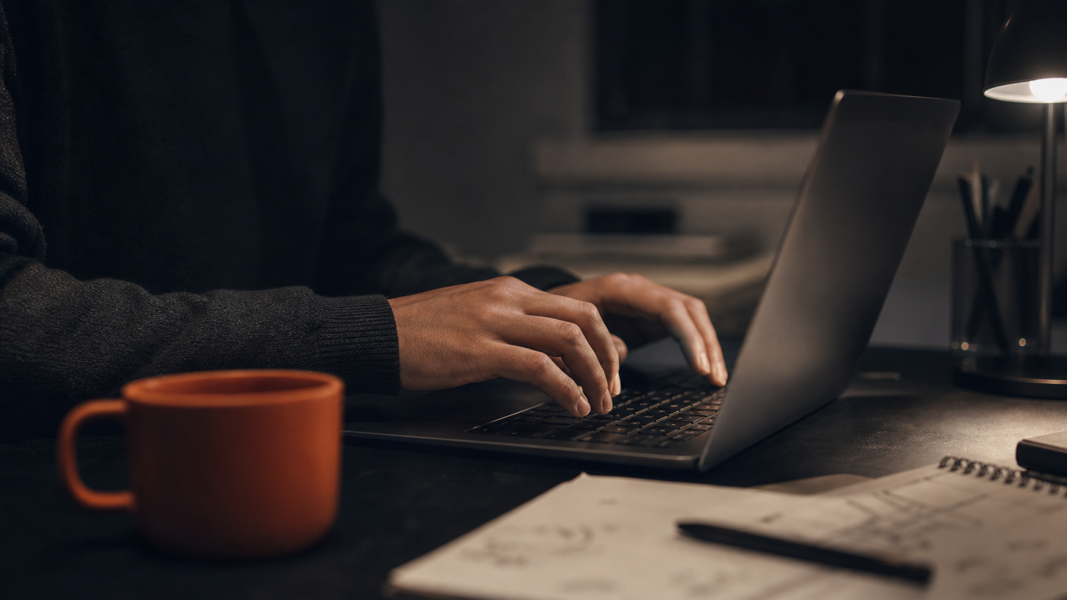 A person at a desk late in the evening, actively working on marketing and driving traffic to their newly published passive income asset.