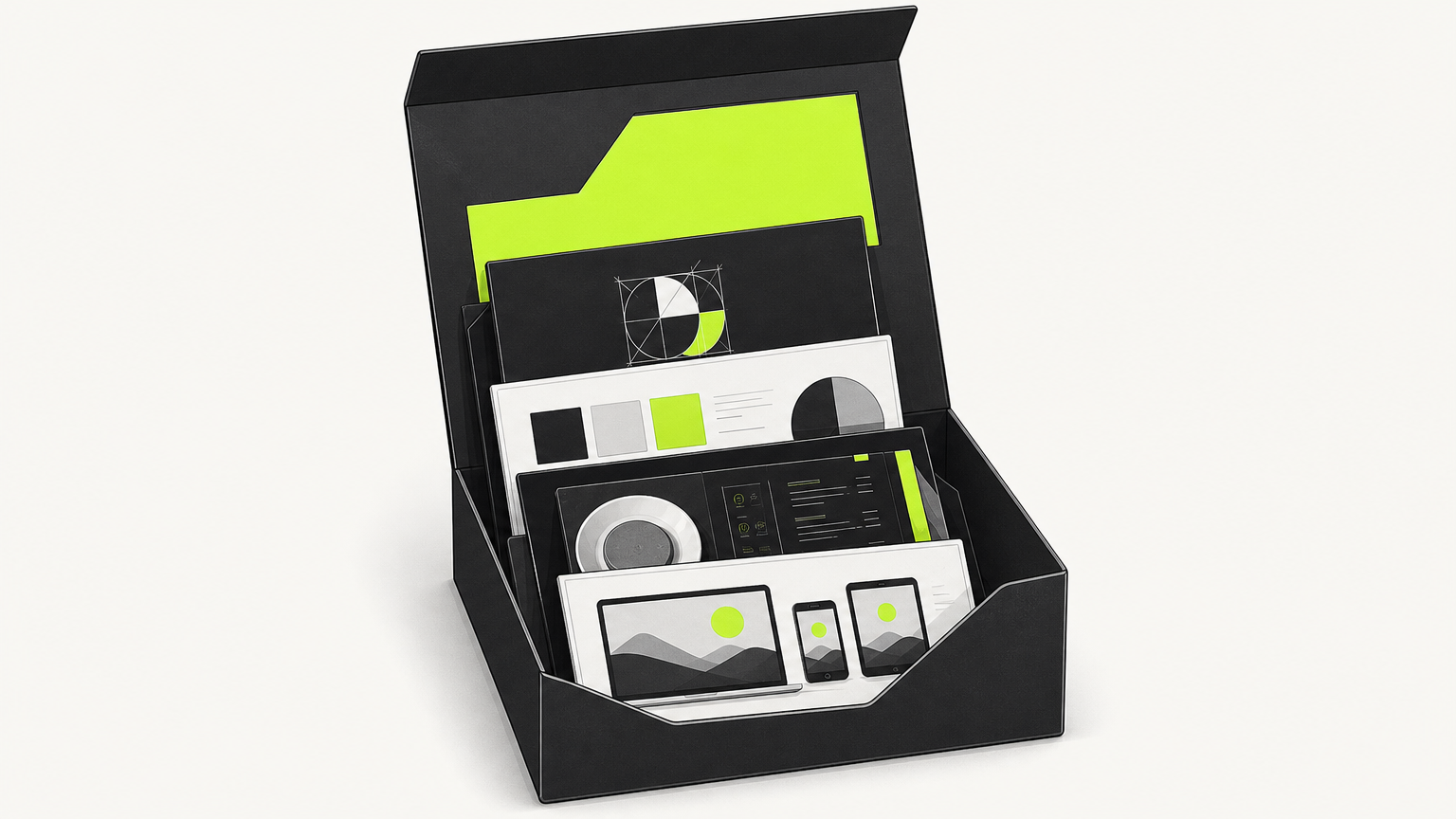 Restaurant brand deliverables package showing logo files, brand guidelines, menu designs, and supporting assets organized in branded folder.