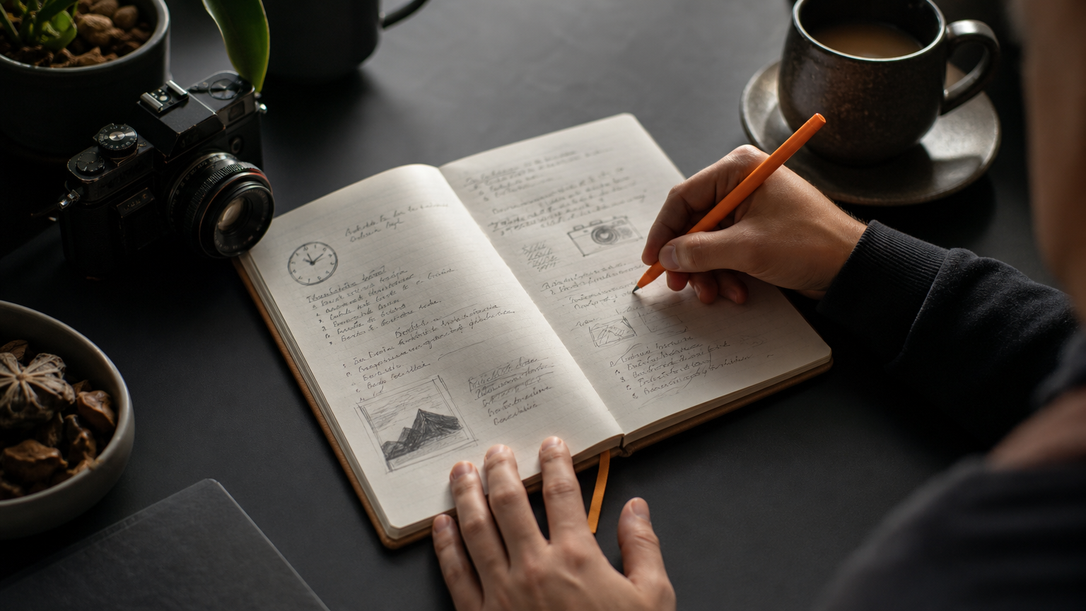 A person taking inventory of their available time, skills, and existing assets before starting a passive income project.