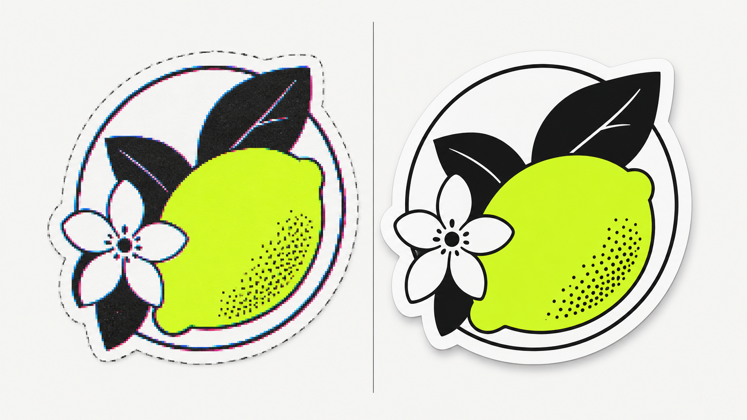 Comparison of DIY template label versus professional print-ready label design, highlighting registration accuracy and production quality differences.