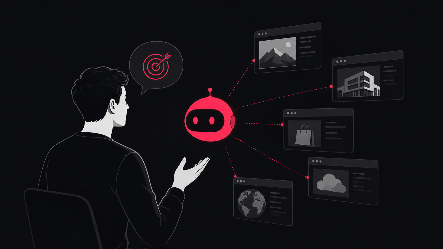 Illustration showing a user delegating a goal to an AI agent, which then executes tasks across multiple digital platforms.