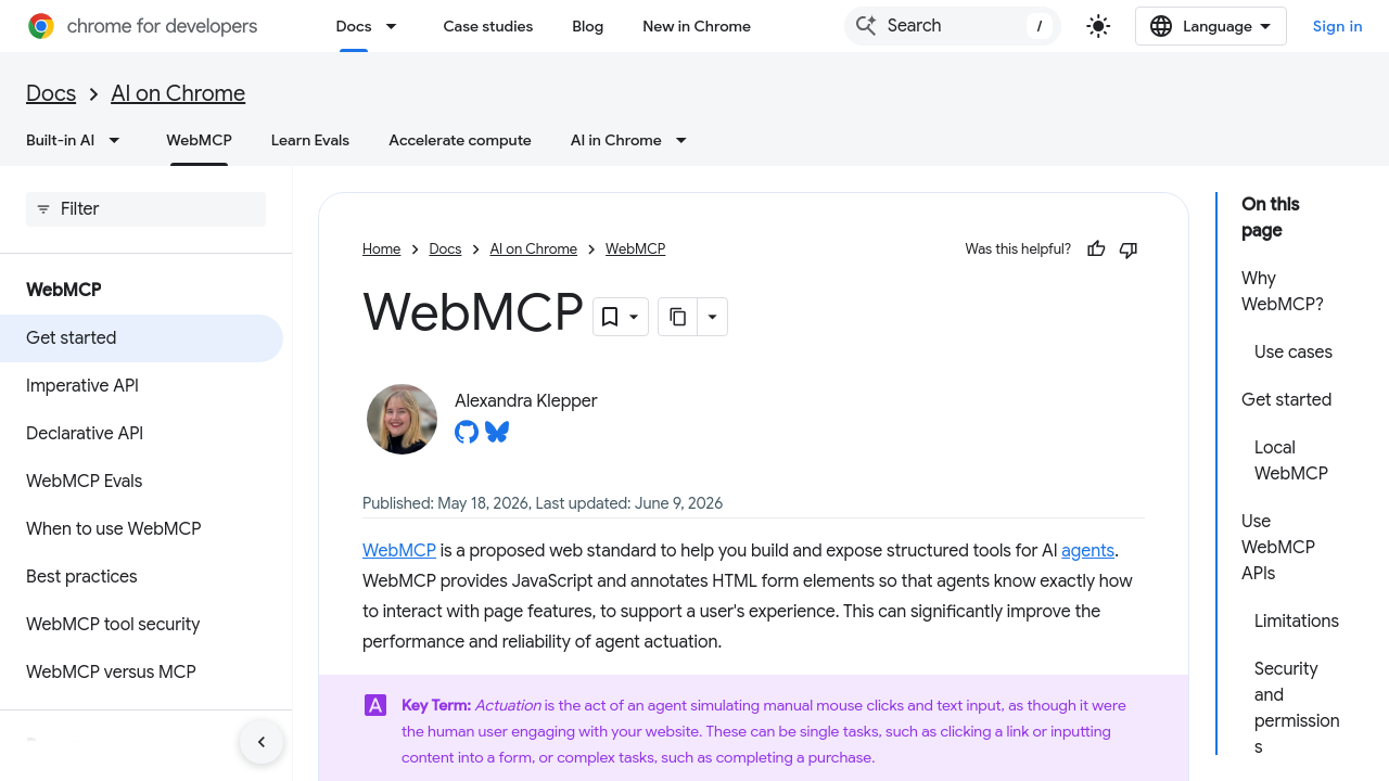 Chrome developer documentation showing Web MCP declarative HTML annotations for registering tools on a webpage.