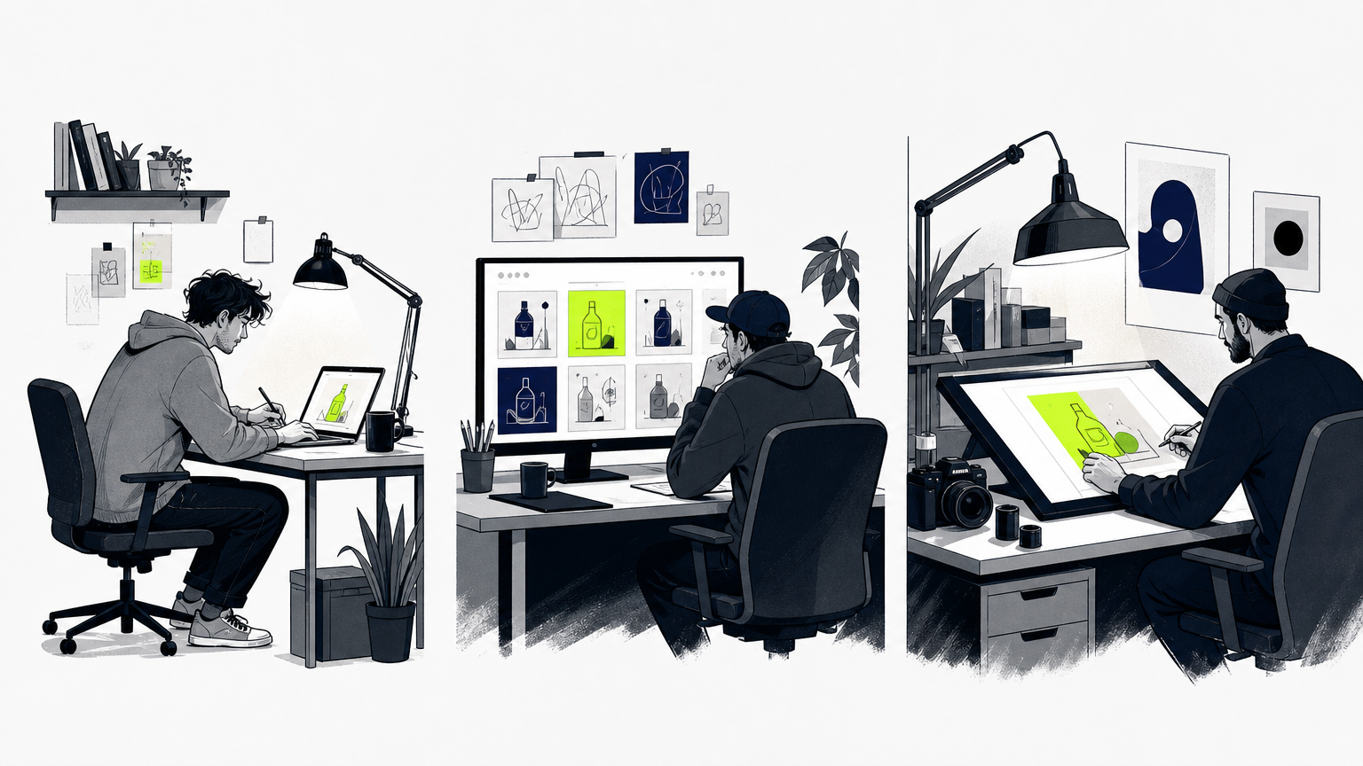 Three label design service tiers: freelance workspace, crowdsourced platform dashboard, and professional agency studio setup.
