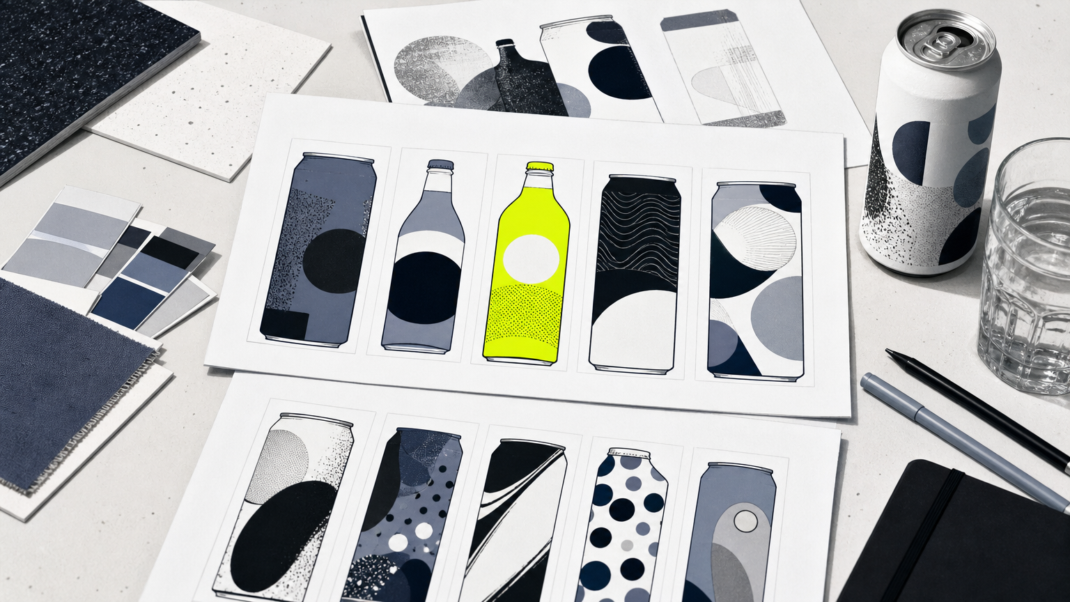 Printed beverage packaging samples and material swatches arranged on a designer's workspace, showing category range and production capability assessment.