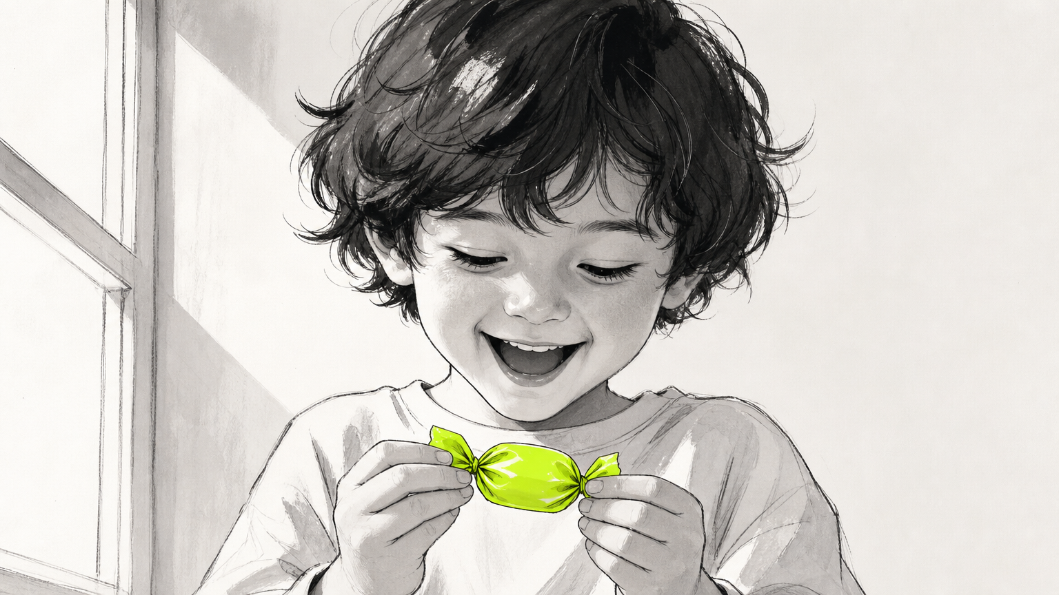A young customer smiling while holding colorful candy packaging, capturing the emotional connection and pleasure that effective branding triggers in the category.