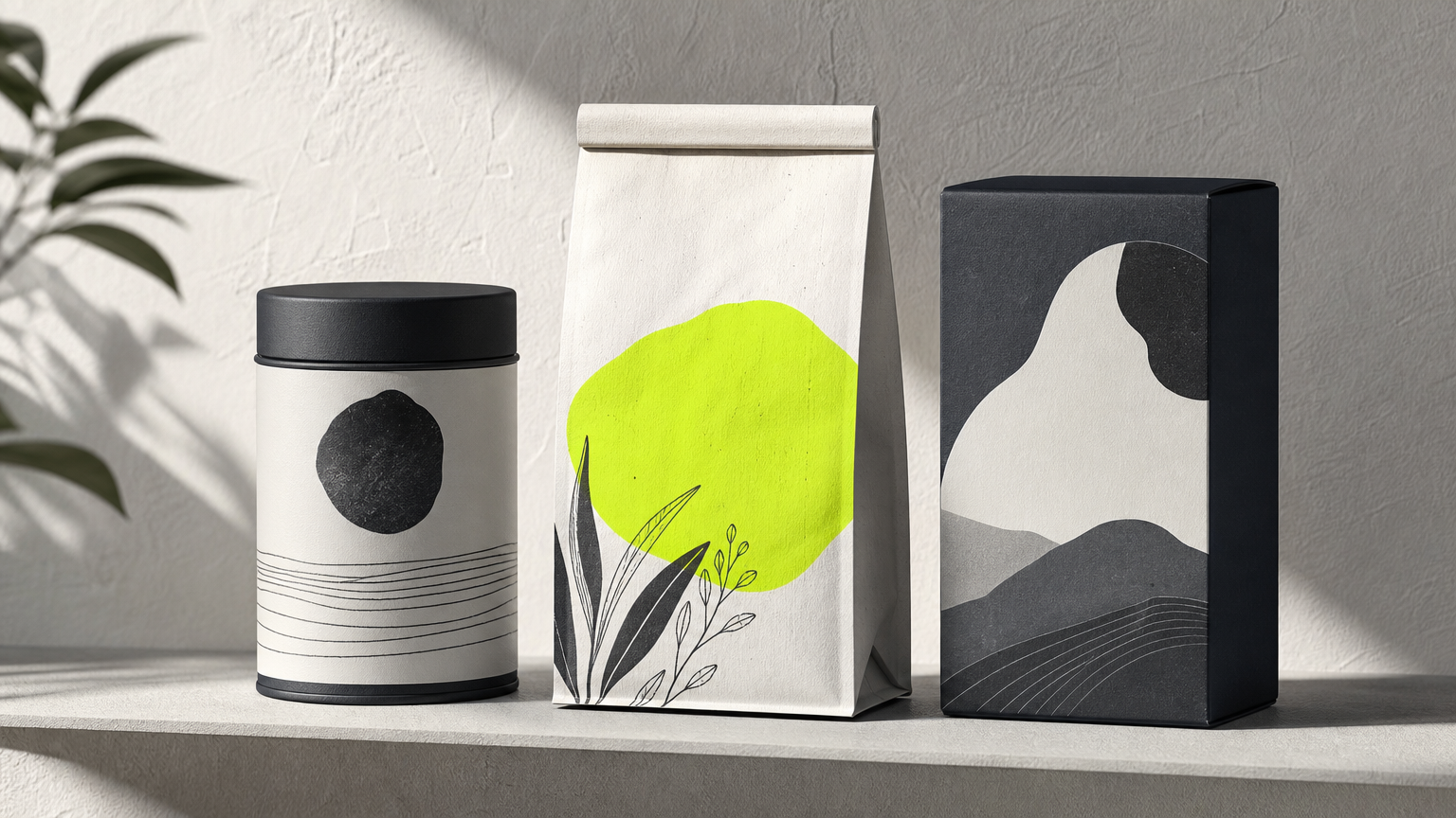Three tea packages displayed on a shelf showing different packaging formats, materials, and label designs that demonstrate current branding trends and best practices.