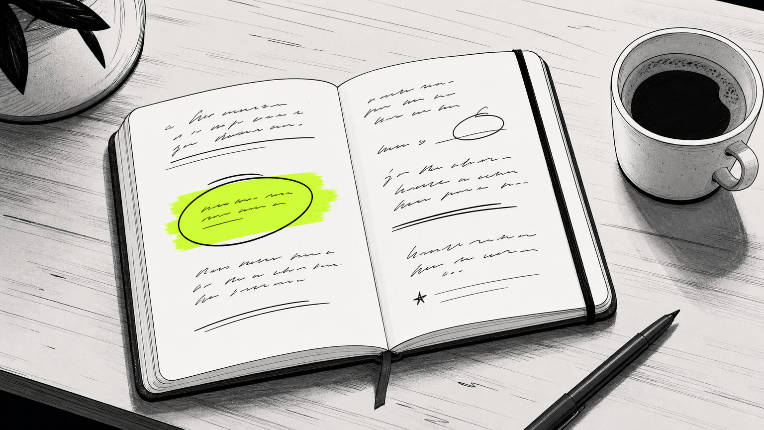 A founder's notebook with brand positioning strategy and planning notes, emphasizing strategy before visual design in candy branding development.